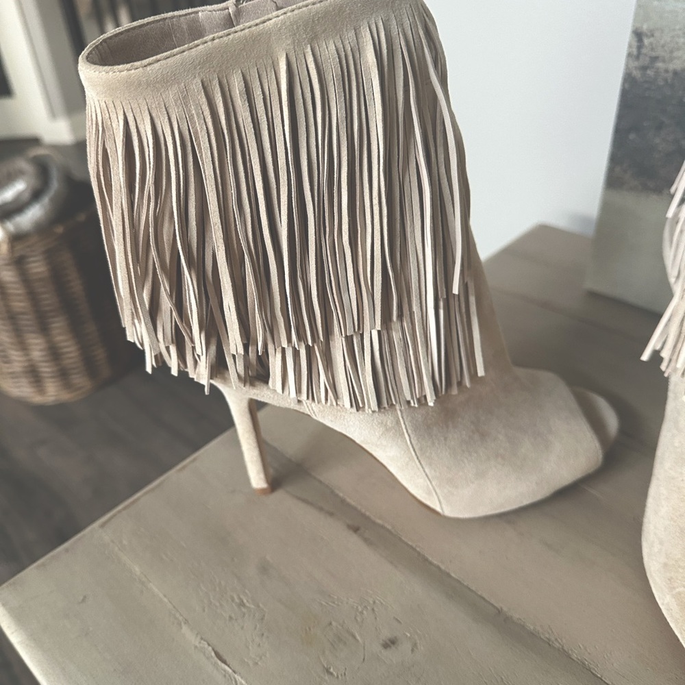 Sam Edelman Beige Fringe Peep-Toe Stiletto Booties